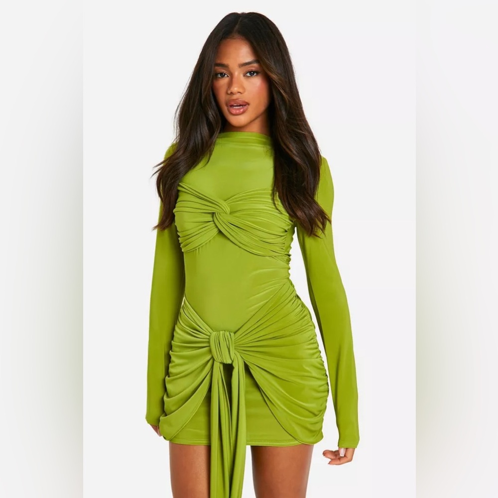 Boohoo Lime Green Long Sleeve Ruched Knot Bodycon Mini Dress
